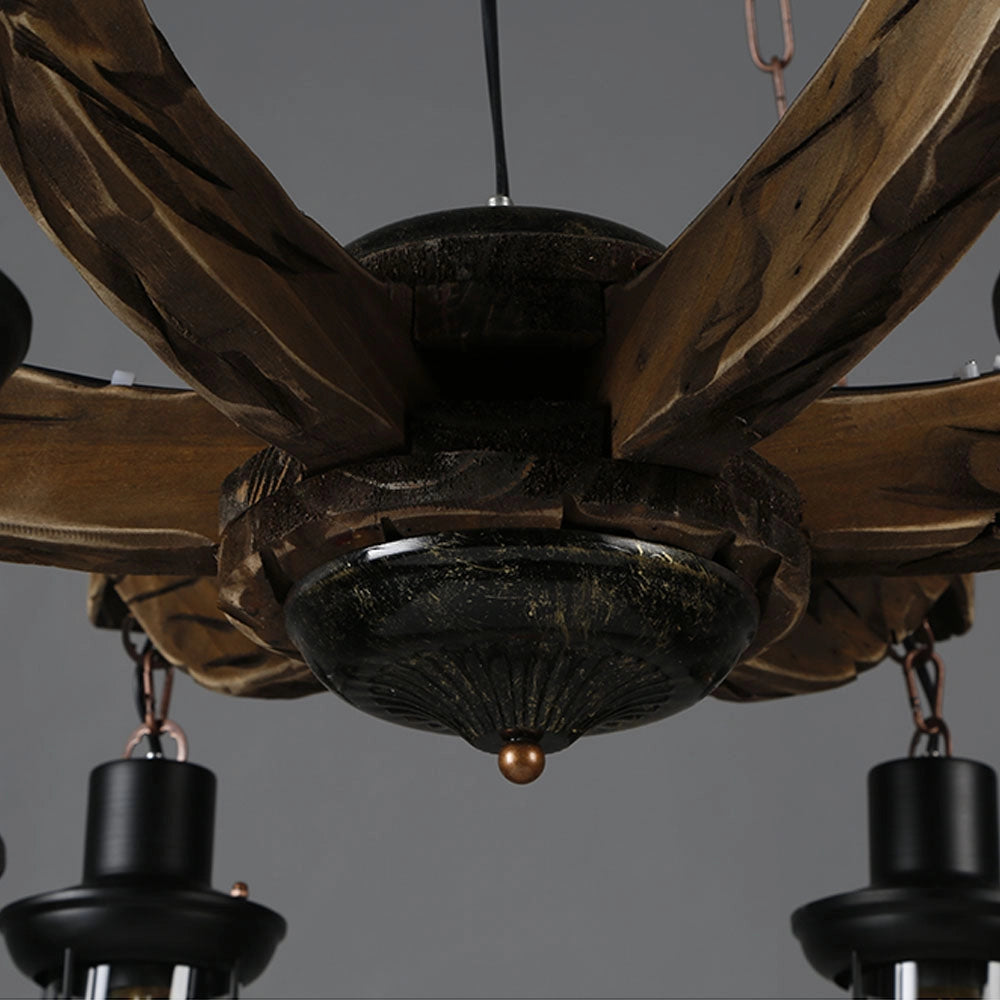 Rustic metal and wood chandelier with a cabin decor style, featuring a combination of industrial and natural elements, designed for ambient lighting.