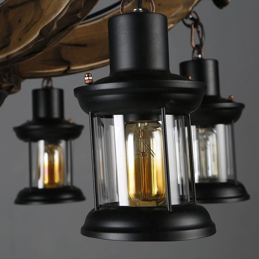 Rustic metal and wood chandelier featuring cylindrical metal frame with wooden accents, ideal for cabin decor and providing a warm, inviting lighting fixture.