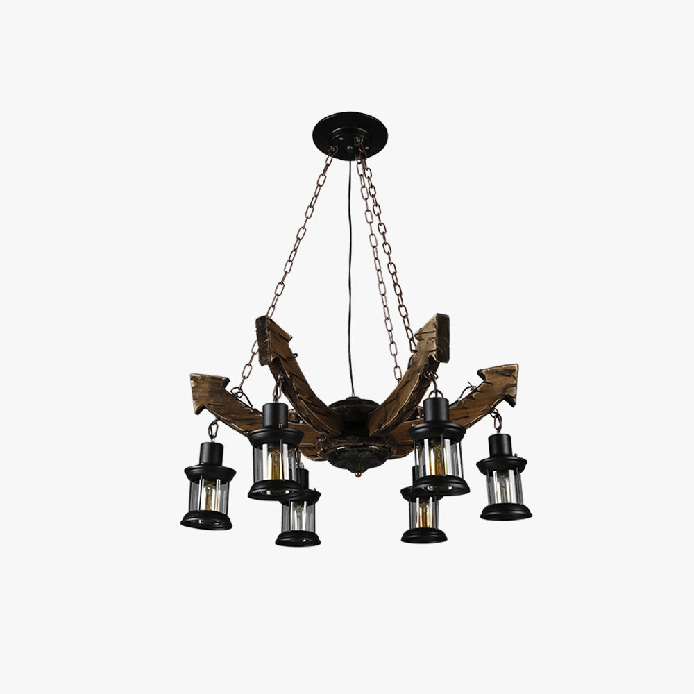 Rustic metal and wood chandelier with a cabin decor style, featuring a combination of sturdy metal and natural wood elements, designed as a ceiling fixture for providing decorative lighting.