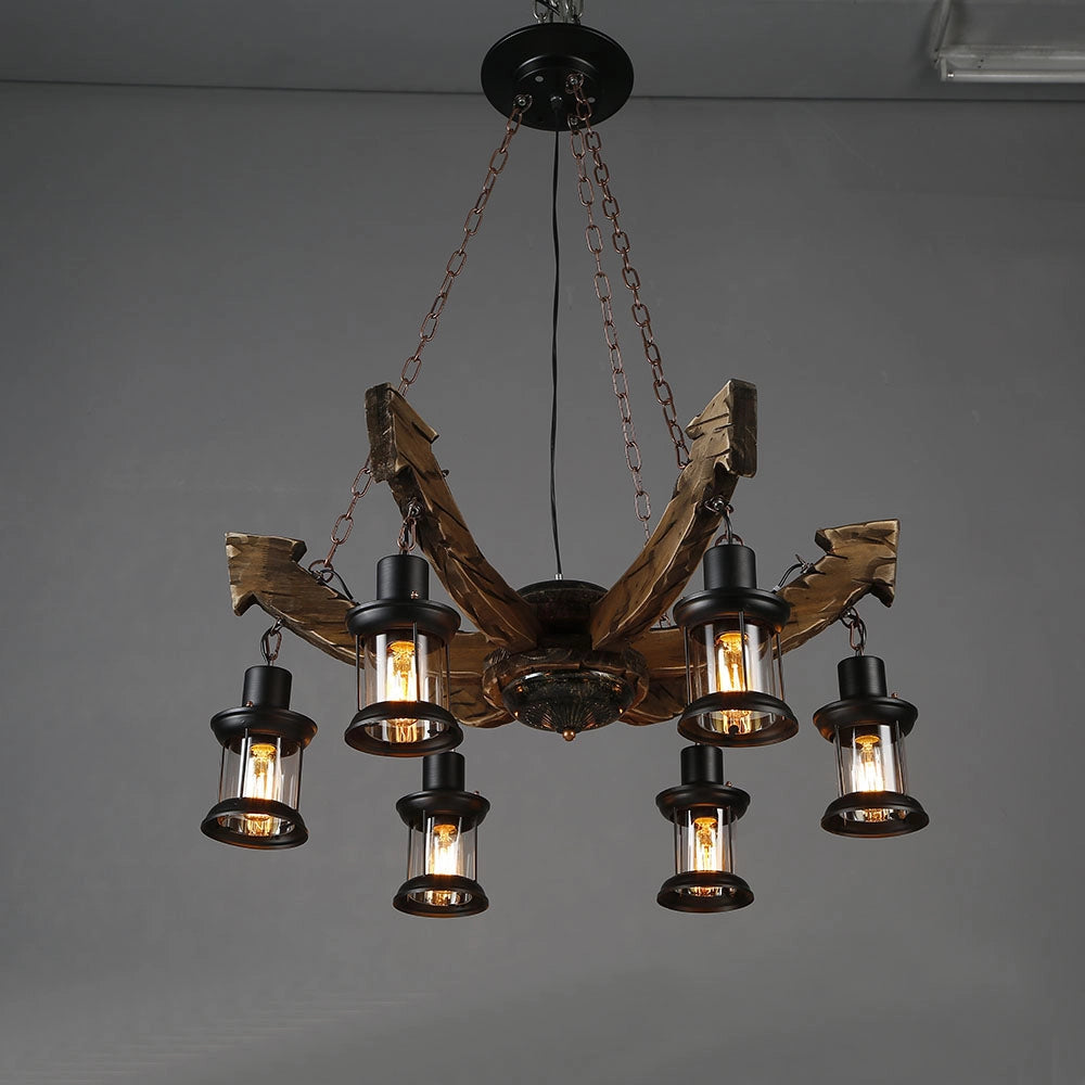 Rustic metal and wood chandelier with amber light bulbs, featuring a circular design suitable for cabin decor and ceiling installation.