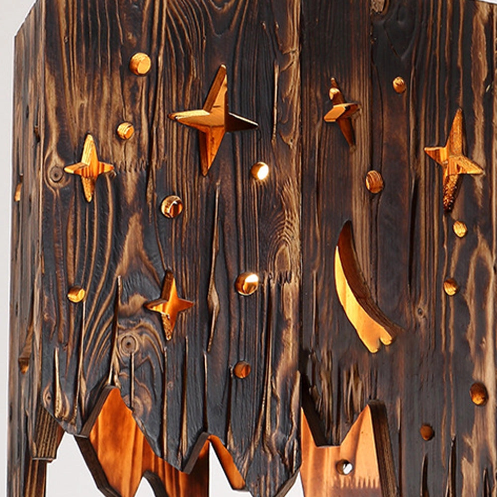 Rustic star cut-out wooden pendant light featuring a farmhouse design, highlighting a brown natural wood finish with a rectangular shape and intricate patterns.