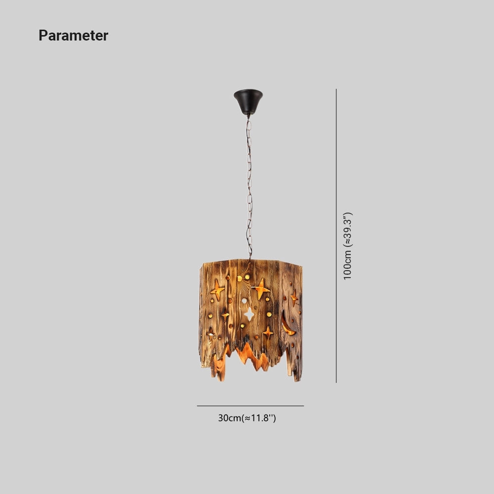 Rustic star cut-out wooden pendant light featuring a farmhouse design, showcasing a wooden frame with a star-shaped cut-out pattern, hanging from a ceiling.
