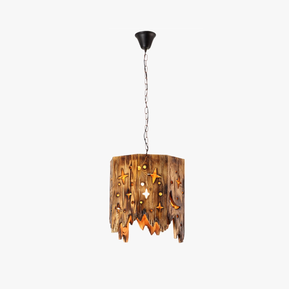 Rustic star cut-out wooden pendant light fixture with a farmhouse design, featuring a warm, gold-toned finish and hanging from the ceiling.