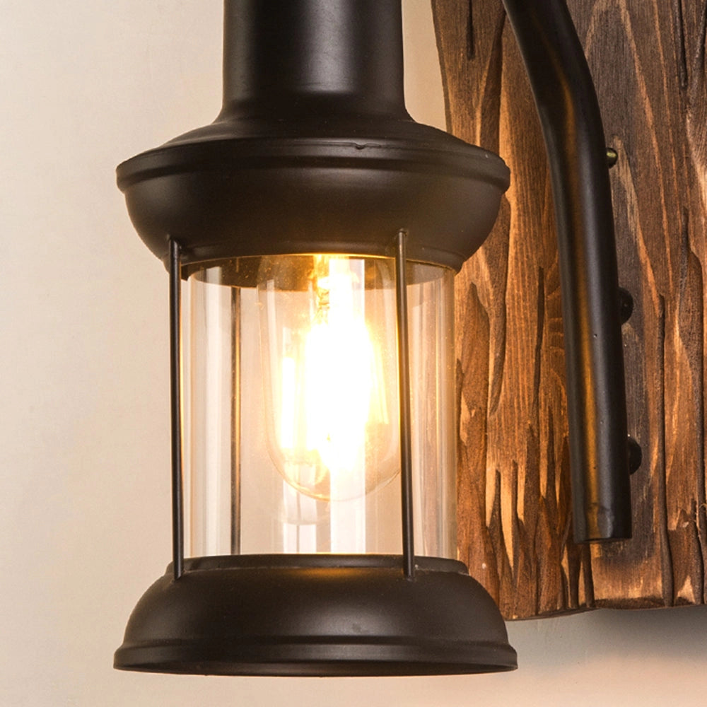 Rustic vintage lantern sconce featuring a wooden mount, designed to provide cabin lighting with a classic, warm ambiance.