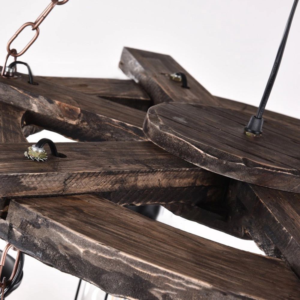 Rustic Wagon Wheel Farmhouse Chandelier featuring a vintage lantern light design with a wooden wagon wheel frame, metal accents, and lantern-style light fixtures, evoking a charming, country-inspired aesthetic.