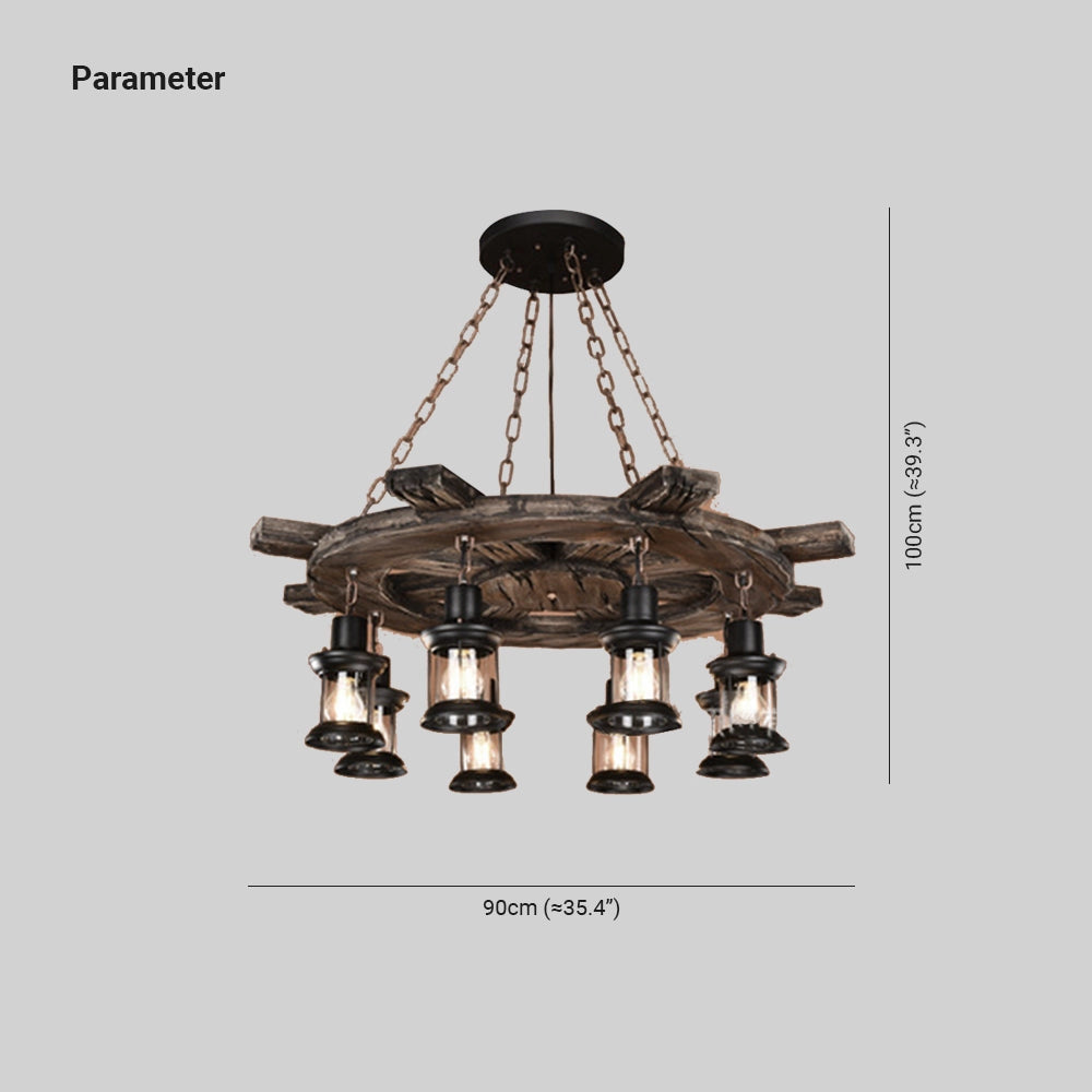 Rustic wagon wheel farmhouse chandelier with vintage lantern light design, featuring metal elements and hanging from the ceiling.