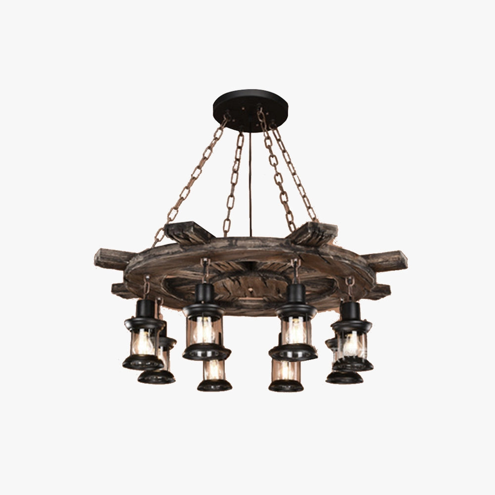 Rustic Wagon Wheel Farmhouse Chandelier with Vintage Lantern Light, featuring a 35.4" diameter design crafted from metal and wood, suspended from the ceiling as part of a home decor setup.