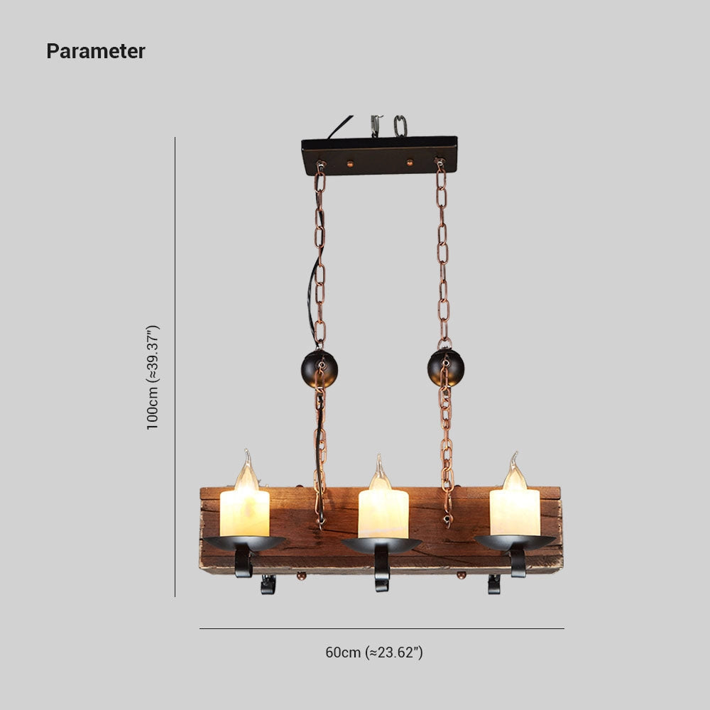 Rustic wooden beam chandelier with antique bronze finish featuring multiple lamp fixtures, suspended as a ceiling fixture.