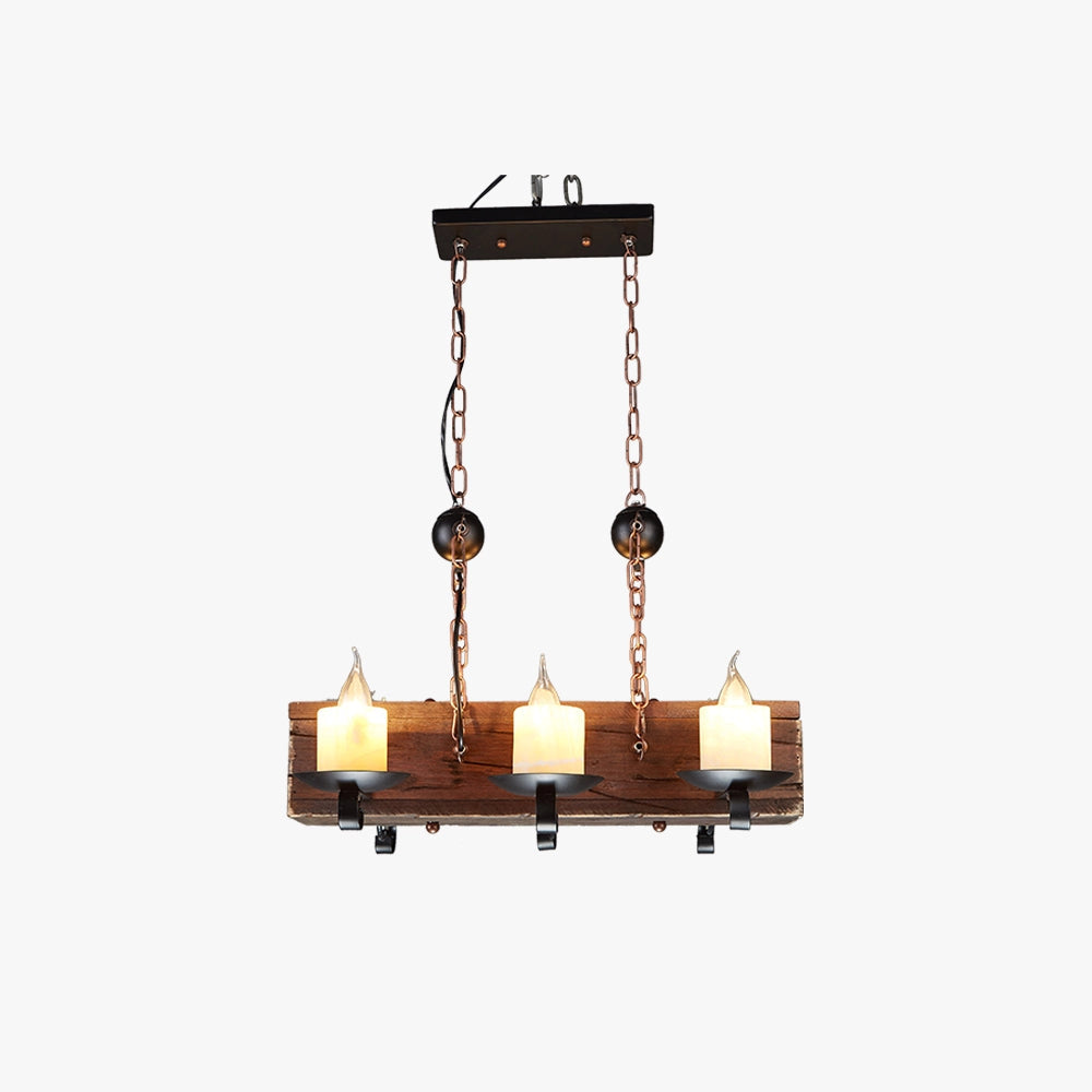 Rustic wooden beam chandelier with an antique bronze finish, featuring a rectangular wooden design and metal elements, elegantly suspended as a ceiling light fixture.
