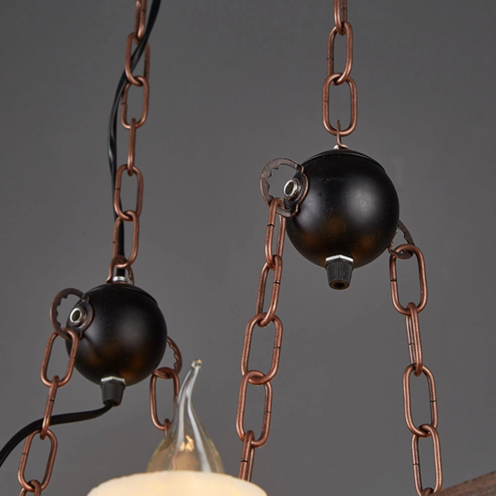 Rustic wooden beam chandelier with an antique bronze finish, featuring a circular ceiling fixture design, suspended with metal components.