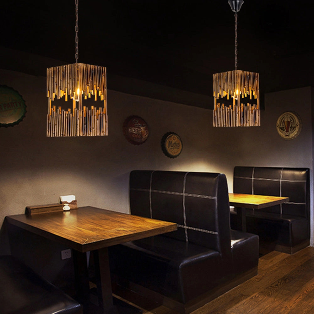 Rustic wooden chandelier with industrial farmhouse design, featuring multiple light fixtures and wooden elements, hanging above a table in a well-designed interior space.