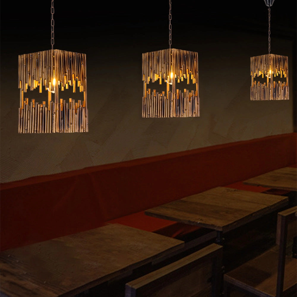 Rustic wooden chandelier with an industrial farmhouse design, featuring a wood finish and suspended from a ceiling.