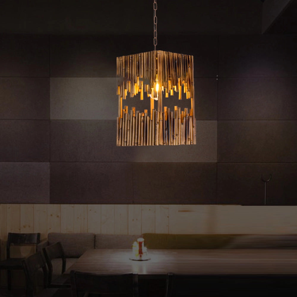 Rustic wooden chandelier with an industrial farmhouse design, featuring a symmetrical arrangement of wooden elements, suspended from a ceiling in an interior space.
