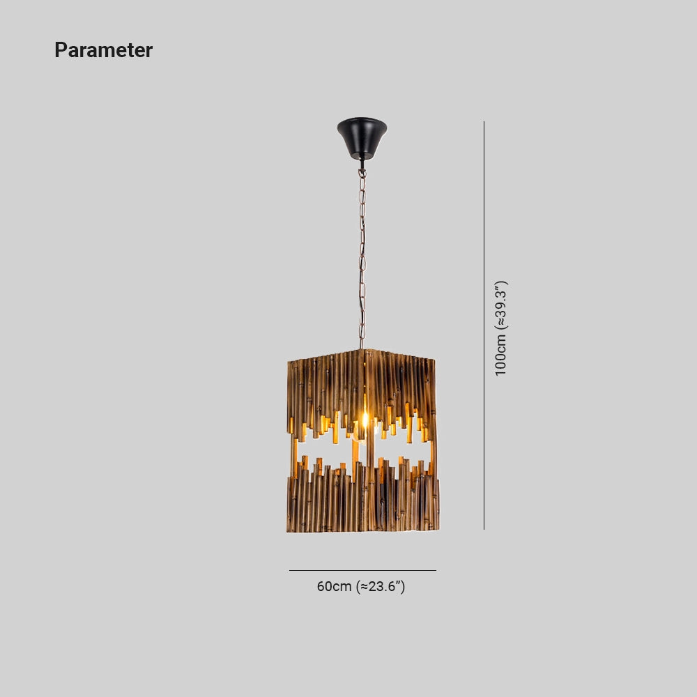 Rustic wooden chandelier with an industrial farmhouse design, featuring rectangular metal elements and candle holder style bulbs, suspended from the ceiling as a decorative light fixture.