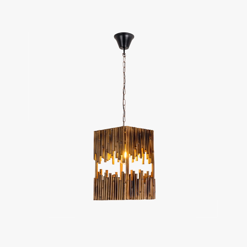 Rustic wooden chandelier with an industrial farmhouse design featuring a rectangular frame, wooden accents, and metal elements, resembling a candle holder style.