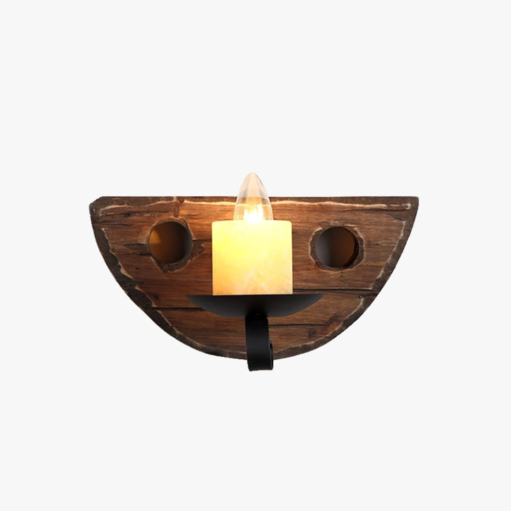 Rustic wooden wall sconce featuring a vintage candle holder design, ideal for farmhouse decor, showcasing a rectangular wooden base with metal accents.