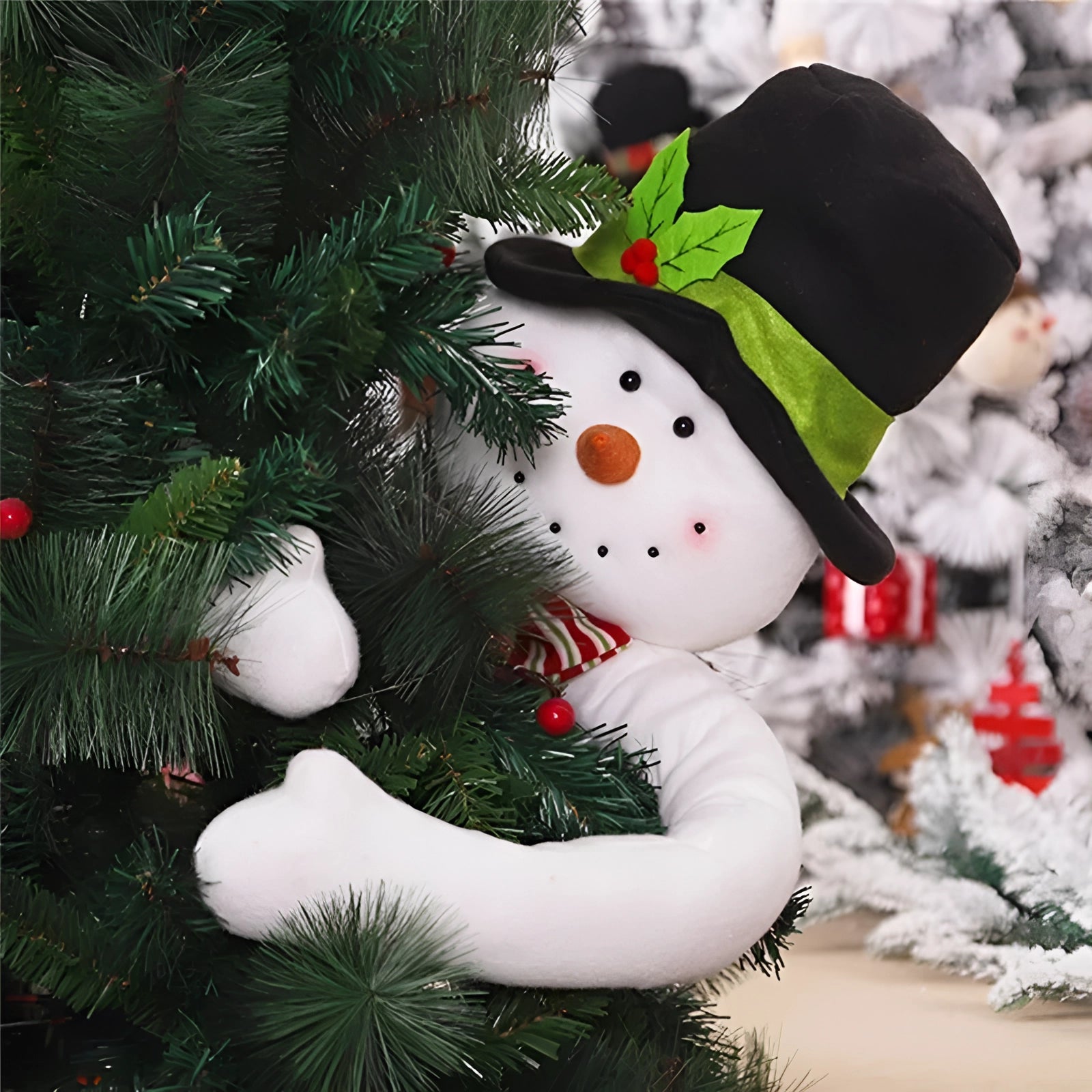 Santa Claus Tree Hugger Decoration featuring a snowman design, with a cheery snowman figure hugging an evergreen Christmas tree branch, wearing a festive hat, perfect as a unique holiday ornament for Christmas décor.