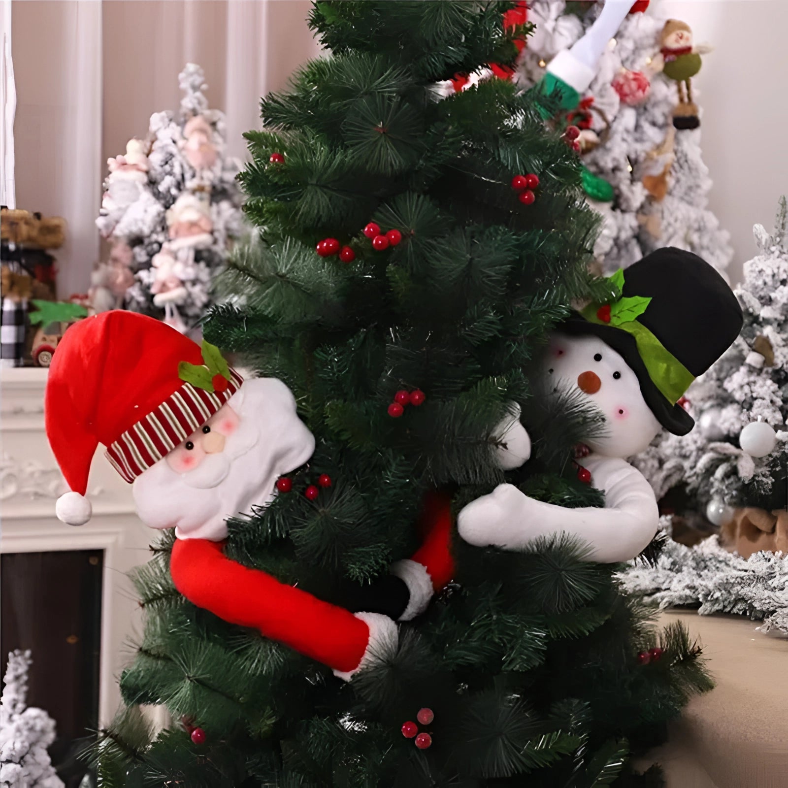 Santa Claus tree hugger decoration wrapped around an evergreen branch, featuring a red suit and festive holiday design as a unique Christmas ornament.