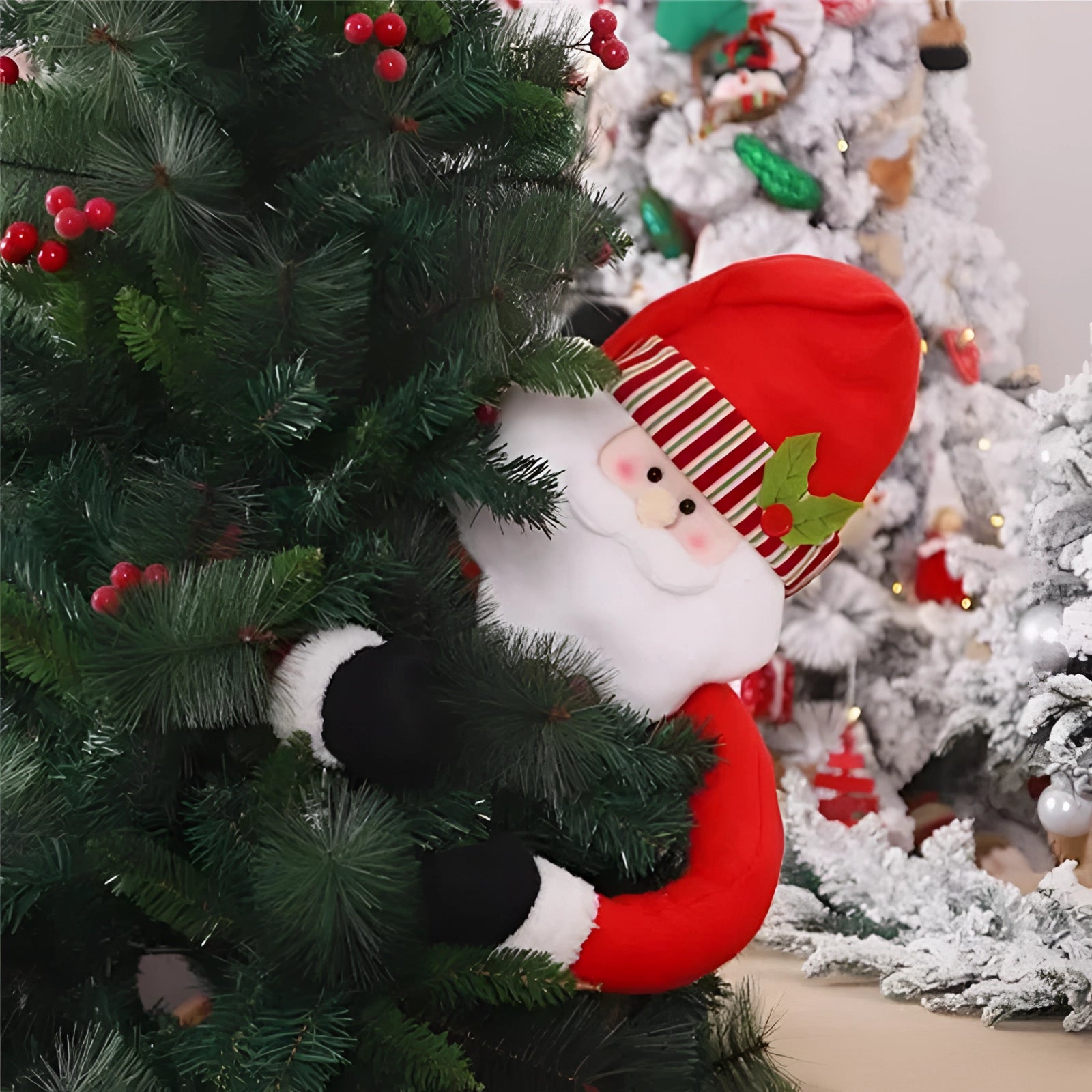 Santa Claus Tree Hugger Decoration wrapped around an evergreen Christmas tree branch, featuring a jolly Santa in a festive red suit and hat, adding a unique and whimsical touch to the holiday decor.