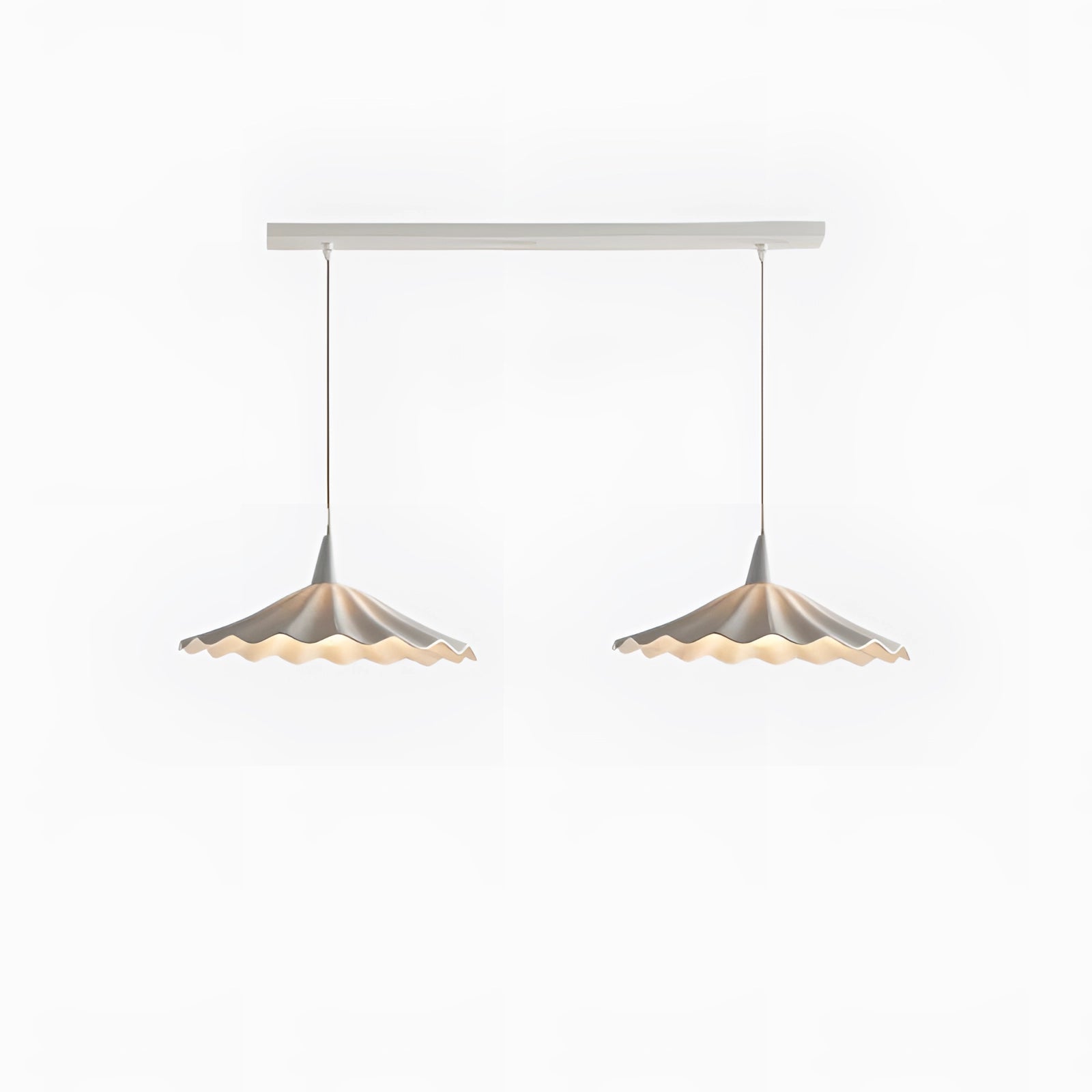 Scallop-edged LED pendant light with two heads, featuring a modern decorative design, hanging from the ceiling.