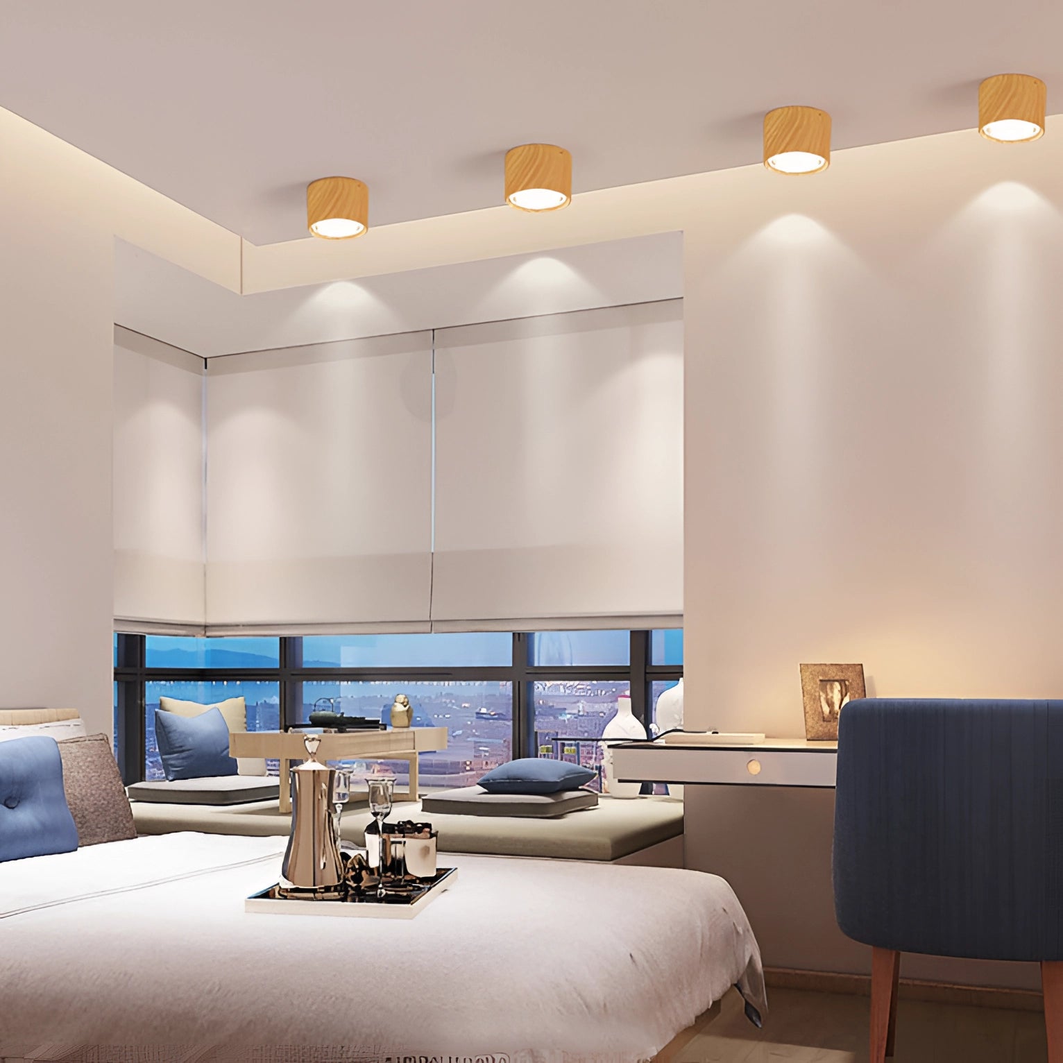 Modern Scandinavian LED spotlight with a light wood finish, installed in a stylish kitchen environment, showcasing its sleek design and functionality in enhancing interior aesthetics.