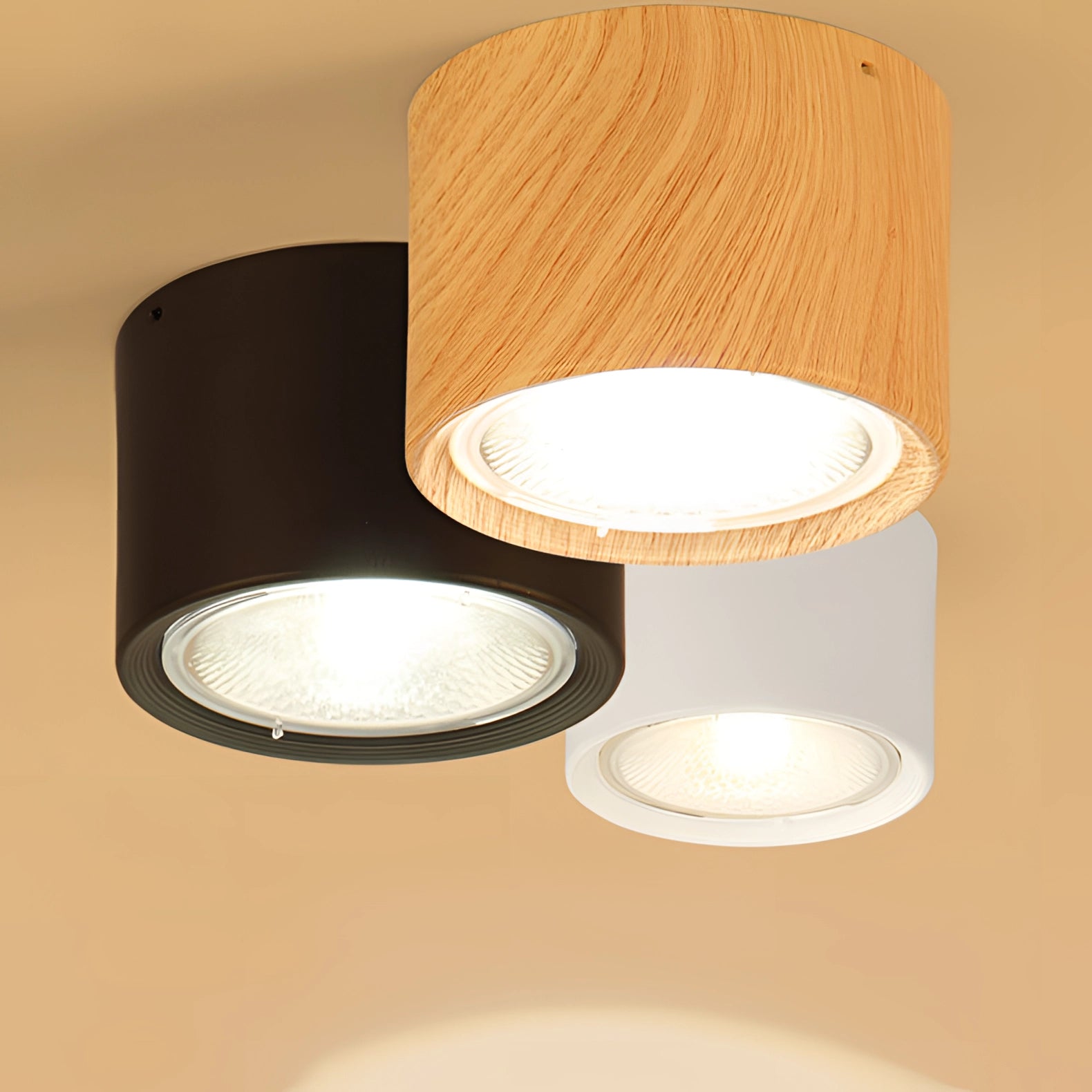 Scandinavian LED spotlight with a light wood finish, featuring a modern rectangular and circular design, mounted as a ceiling fixture, highlighting its sleek and minimalist style suitable for kitchen lighting.
