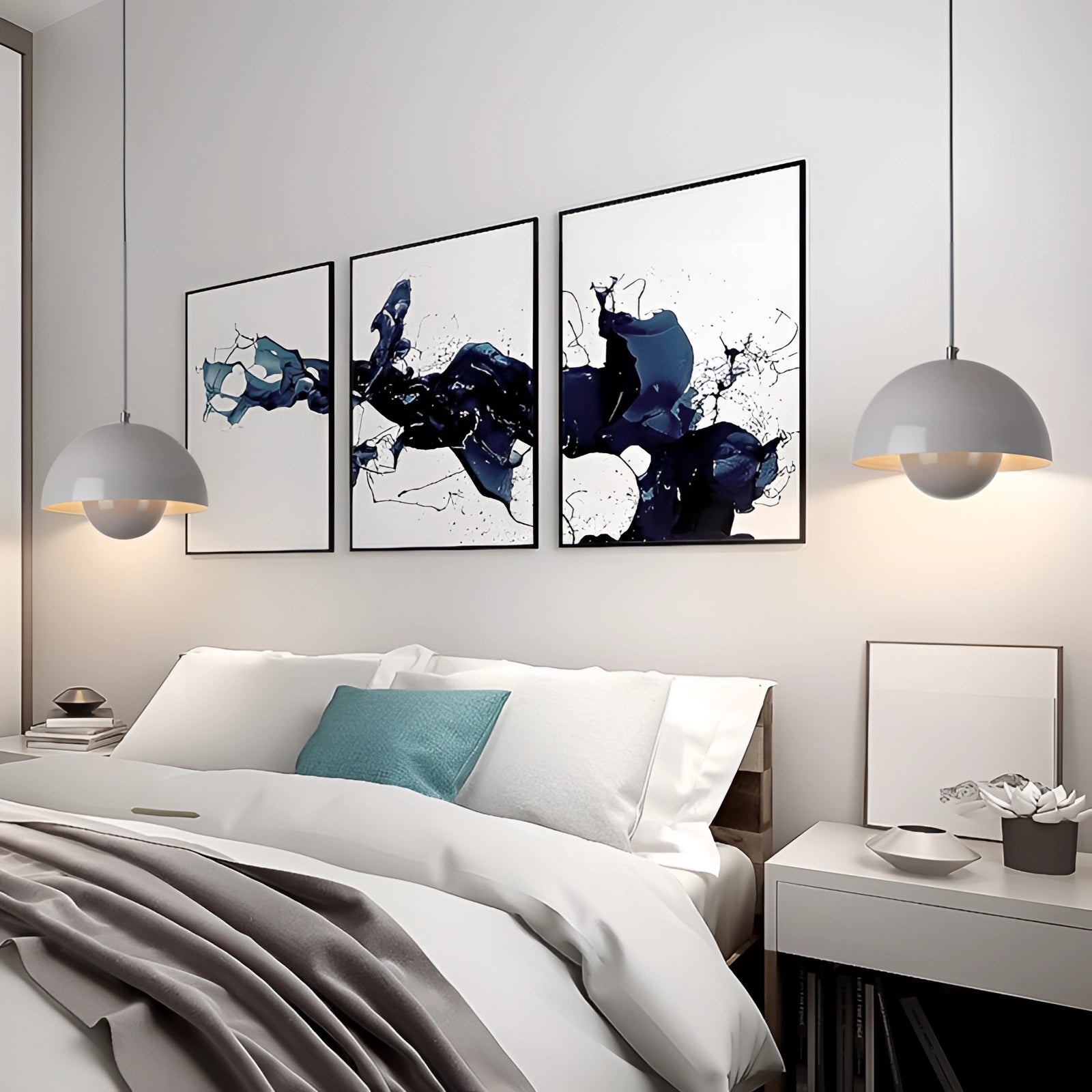 Colorful Scandinavian modern pendant light with a minimalist design, featuring an azure and black color scheme. The lamp is displayed in an interior setting, showcasing its contemporary style and sleek lines.
