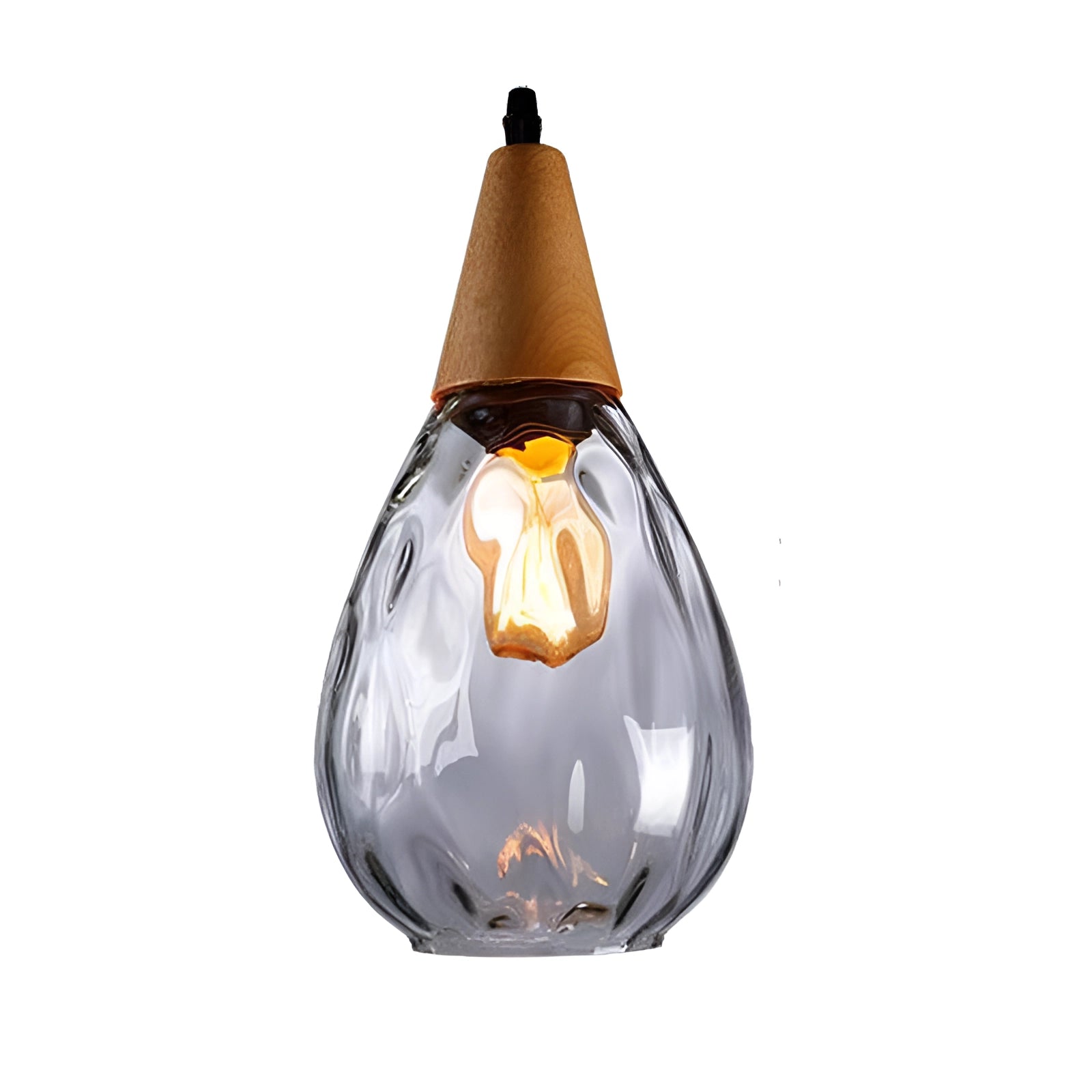 Scandinavian teardrop pendant light with smoked glass shade and wooden accent, featuring a sleek, cone-shaped design ideal for contemporary interiors.
