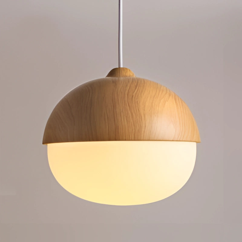Scandinavian wooden pendant light with a minimal LED design, featuring a circular shape and natural wood finish, elegantly hanging as a ceiling fixture, showcasing symmetry and modern interior design aesthetics.