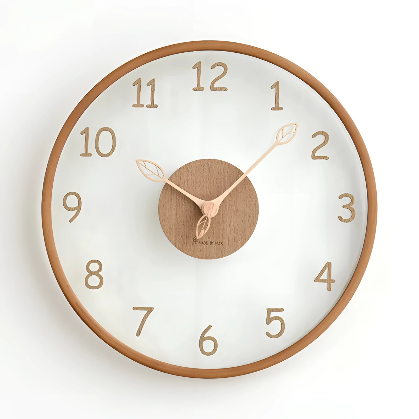 Minimalist silent Scandinavian light wood wall clock with a circular design, featuring a brown shade and clear numbers on the dial, constructed with metal elements, resembling a modern fashion accessory.