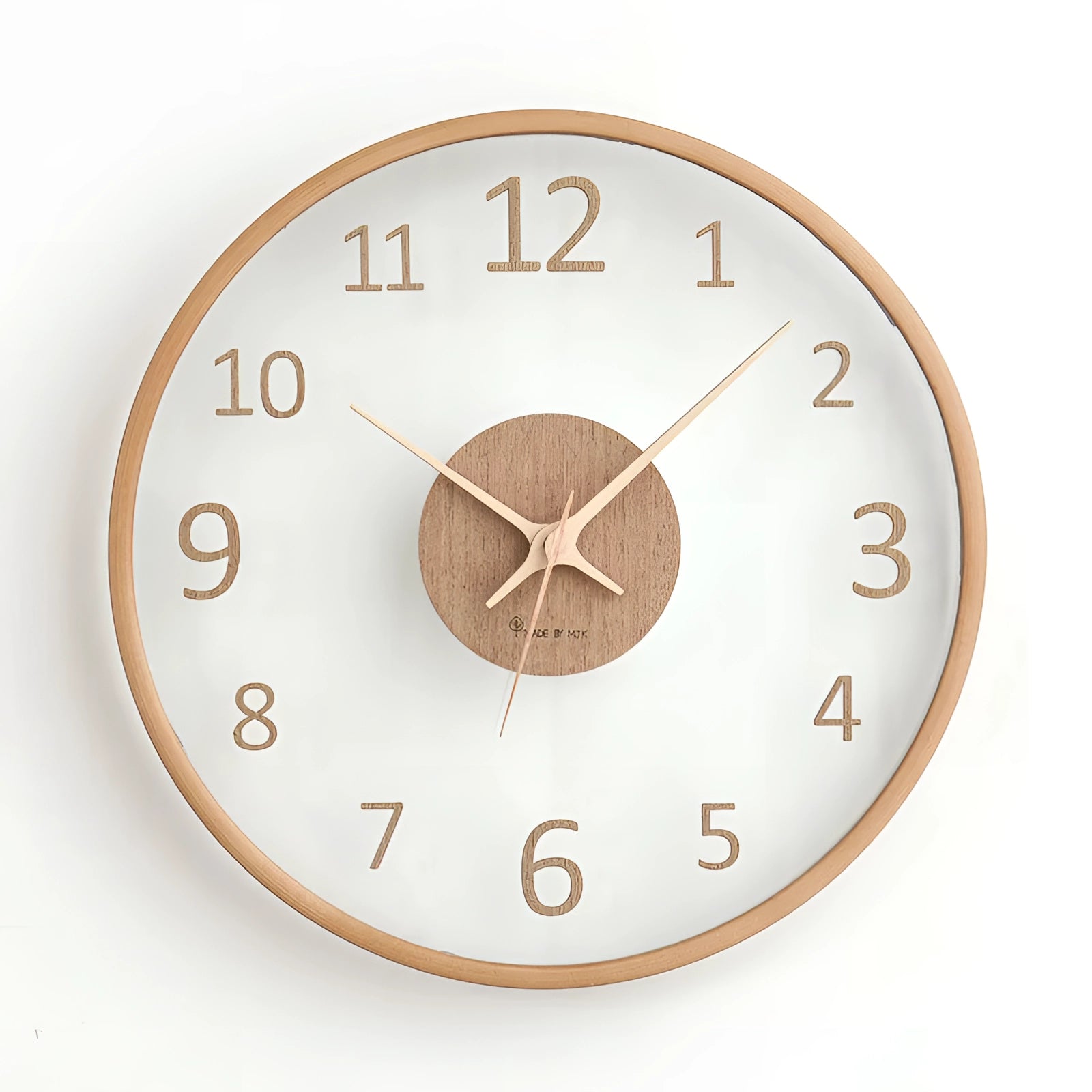 Minimalist Scandinavian light wood wall clock with a silent quartz mechanism, featuring a circular design and clear number markings.