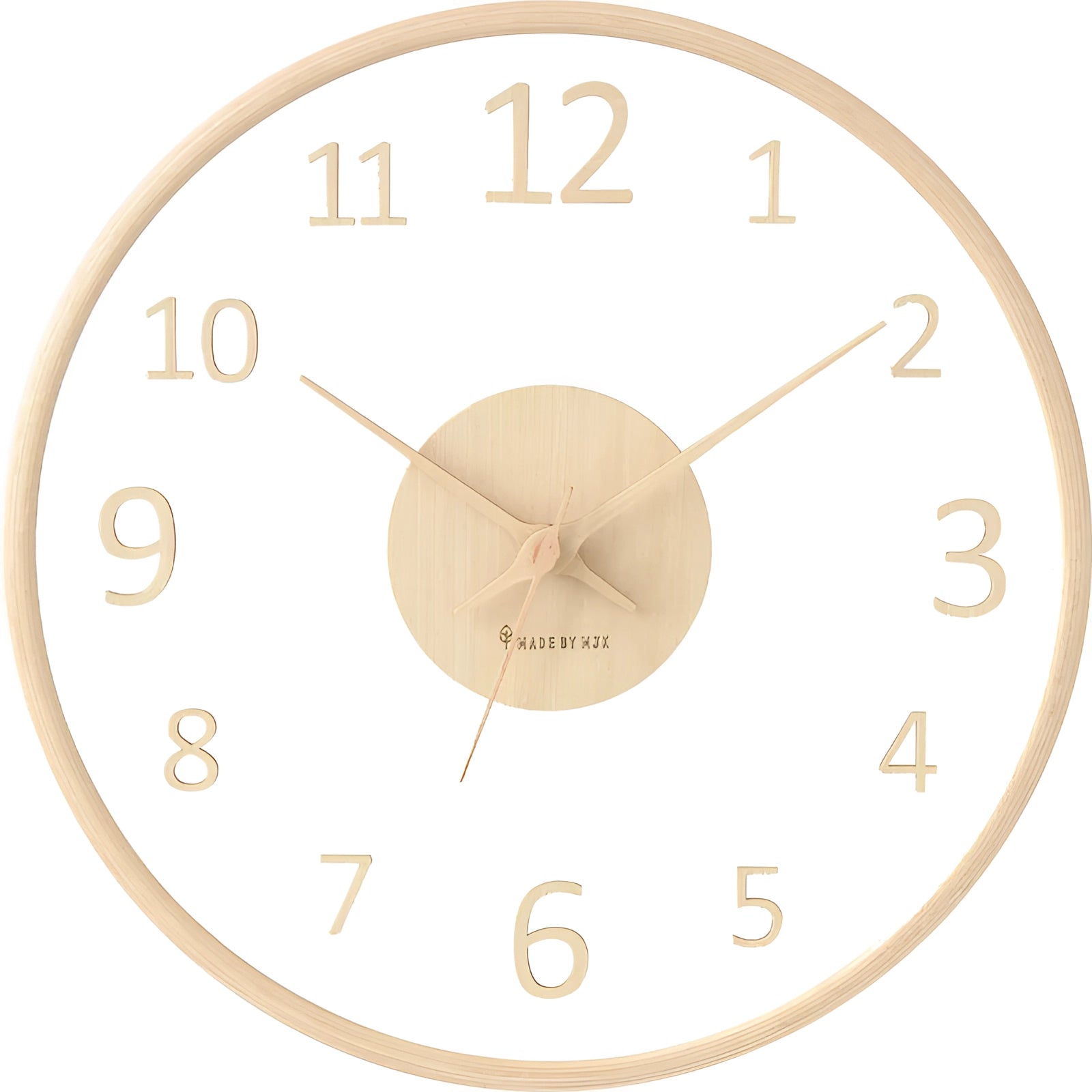 Minimalist silent Scandinavian light wood clock with a circular design, featuring a simple face with numbers and metal hands, emphasizing a natural wood finish.