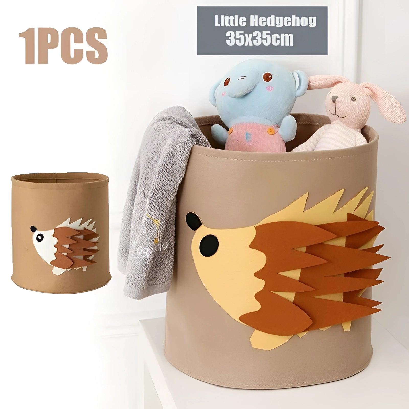 Gray felt basket shaped like a hedgehog, used as a kids' toy storage organizer, placed on a wooden surface.