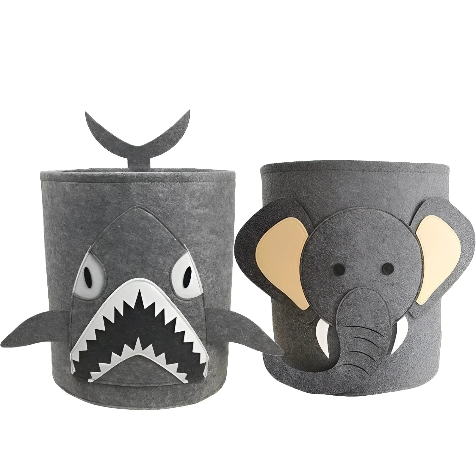 Gray shark-themed felt basket designed as a kids' toy storage organizer, featuring a whimsical two-part design with playful art elements resembling a smiling shark face complete with a fin and mustache.