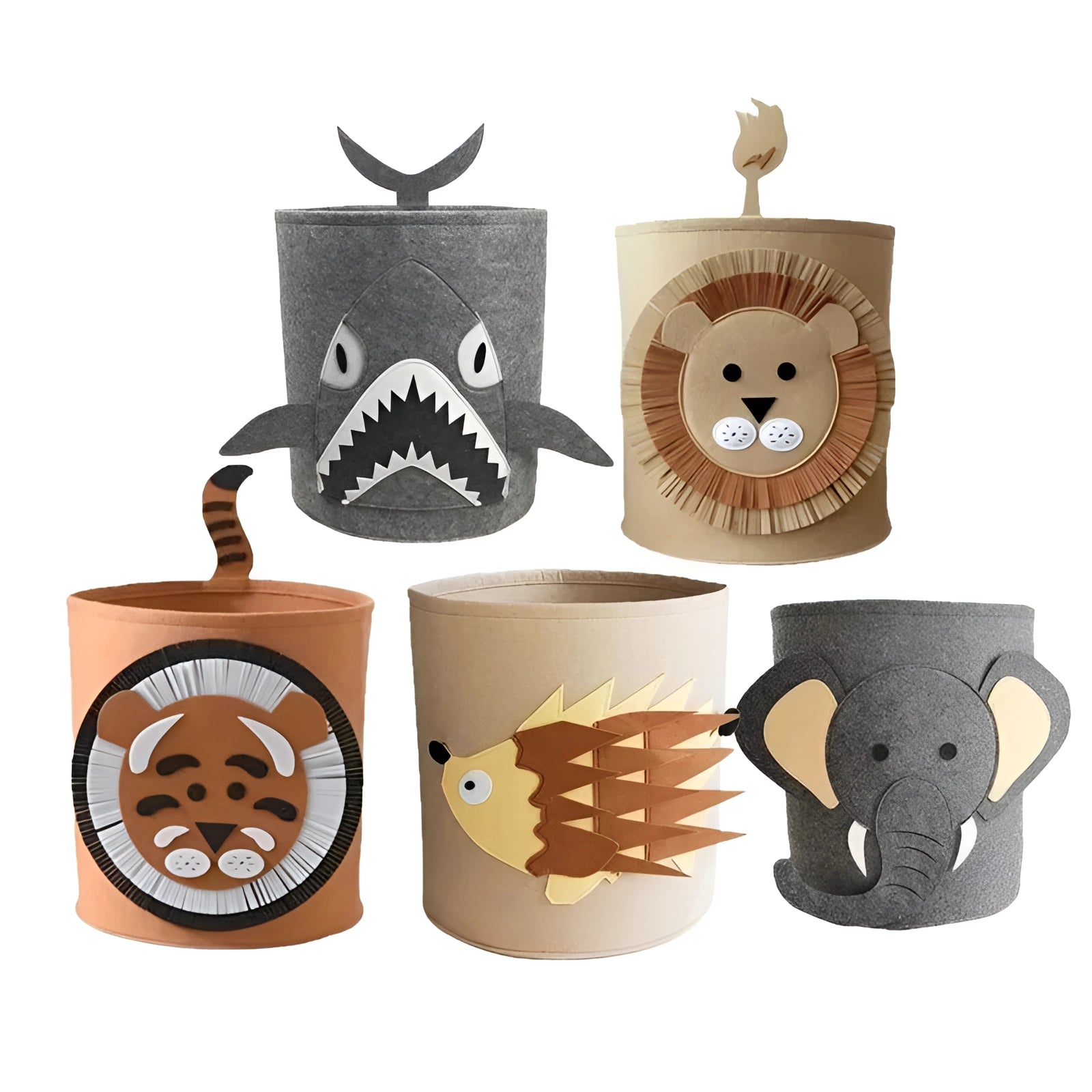Gray shark-shaped felt basket for kids toy storage with a cute, playful design featuring fin and eye details, displayed in a nursery setting.