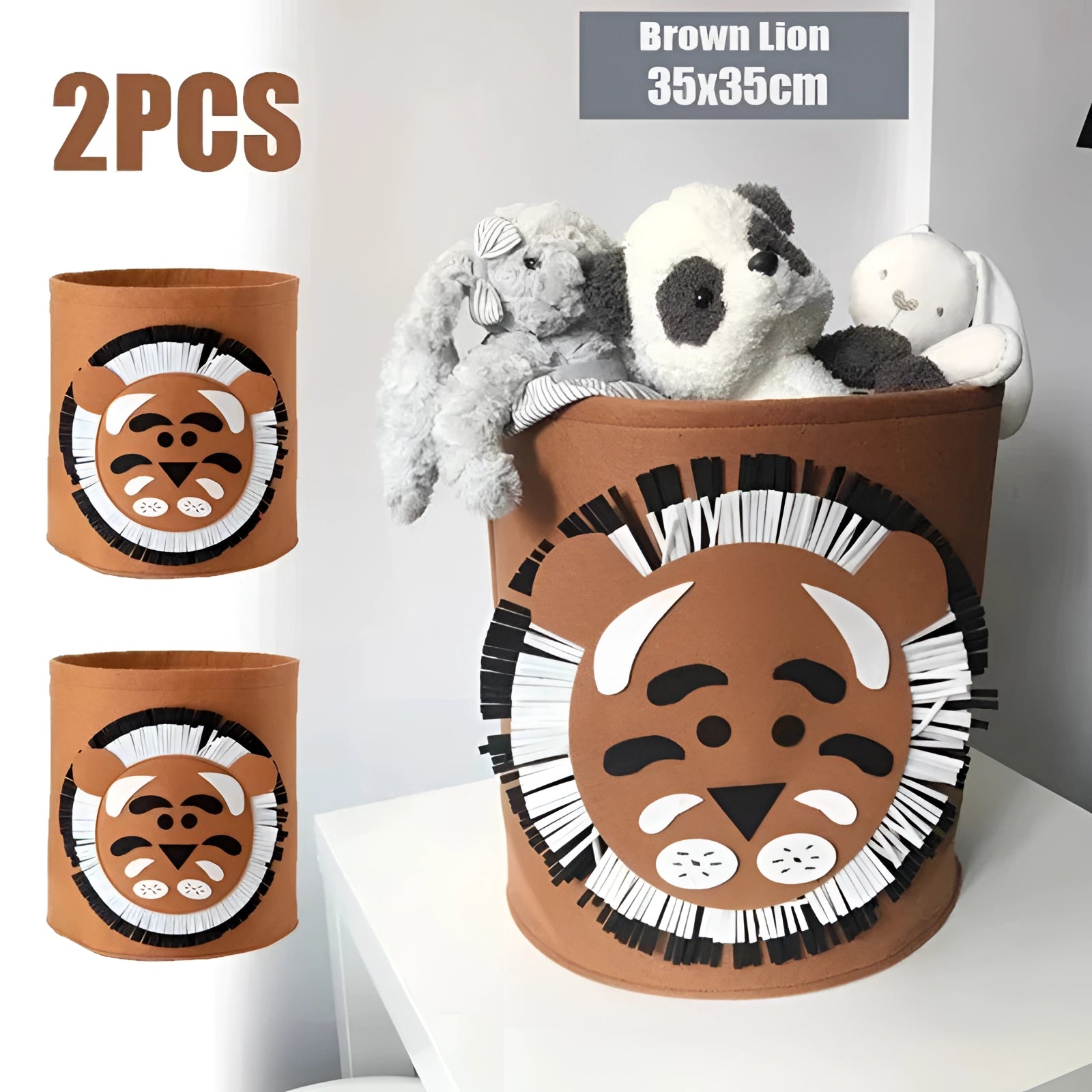 Gray felt basket with a tiger design, used as a kids toy storage organizer, featuring a playful stuffed toy-like appearance.
