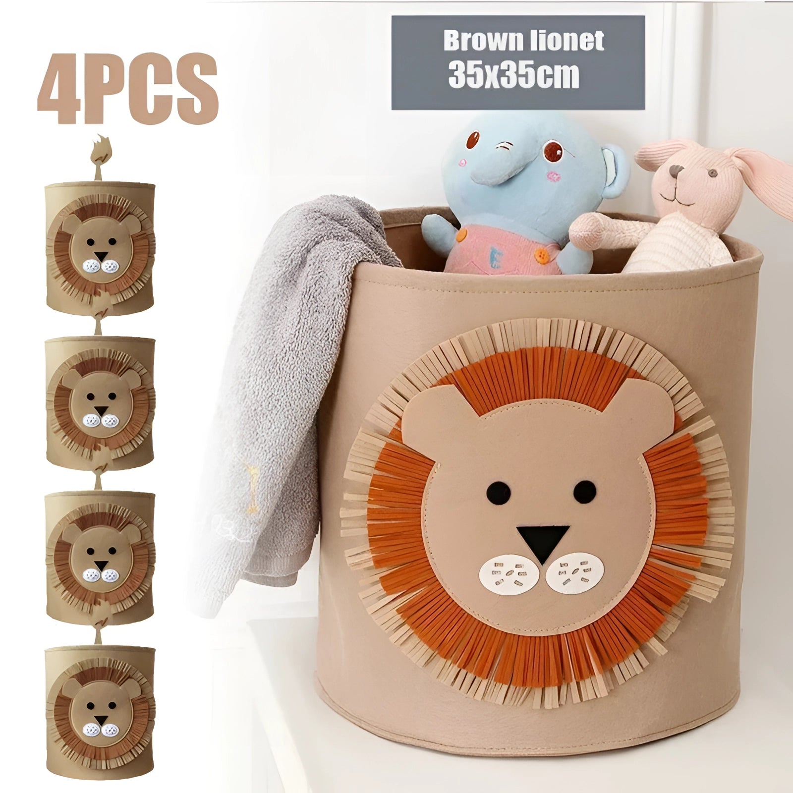 Lion-themed felt basket with a whimsical design, featuring a lion face and mane. The basket is part of a four-piece set, ideal for organizing kids' toys, and is crafted from soft, gray fabric. Suitable for nursery or playroom decor, adding a playful touch to the space.