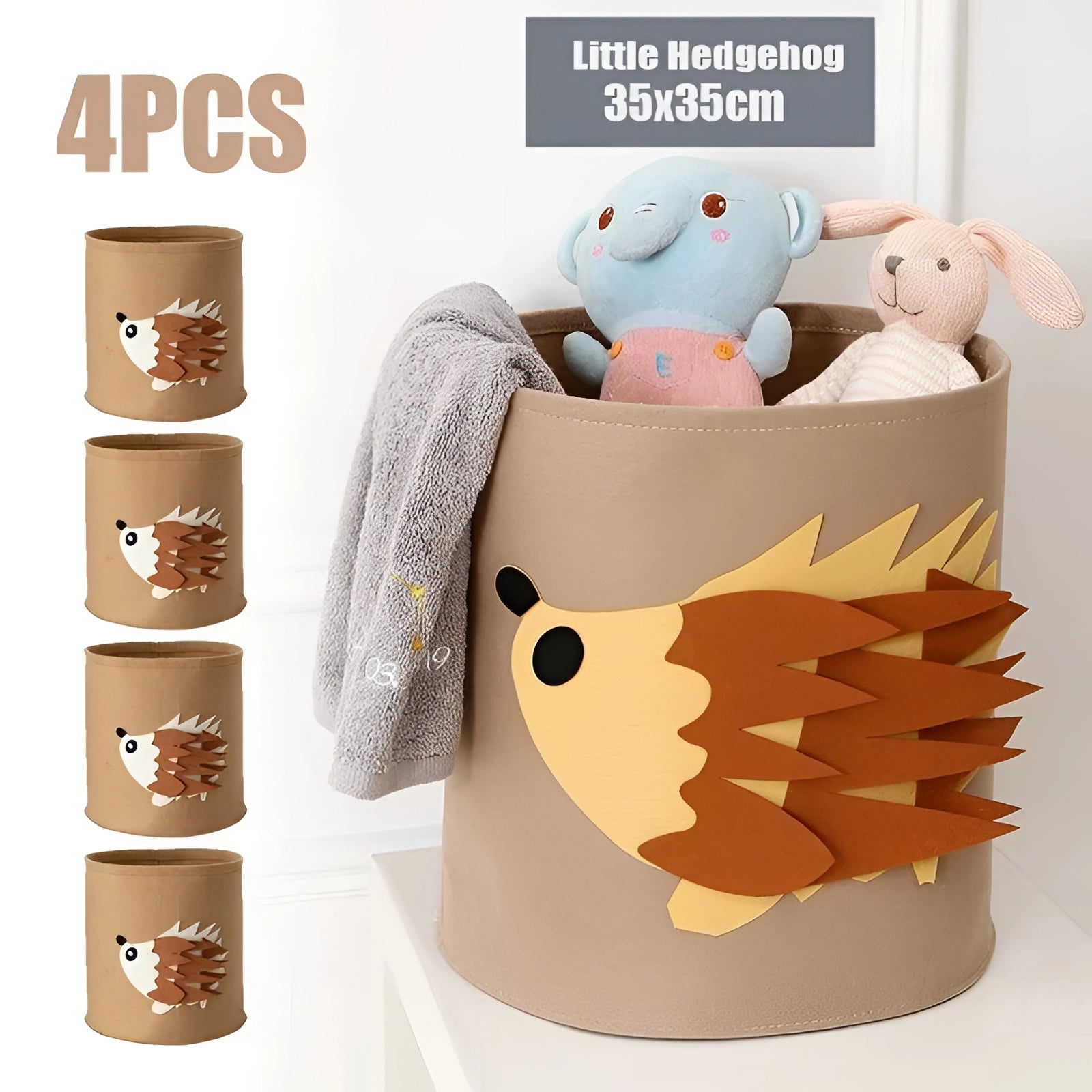 Gray felt basket with a hedgehog design, divided into four sections, used for organizing kids' toys in a nursery.