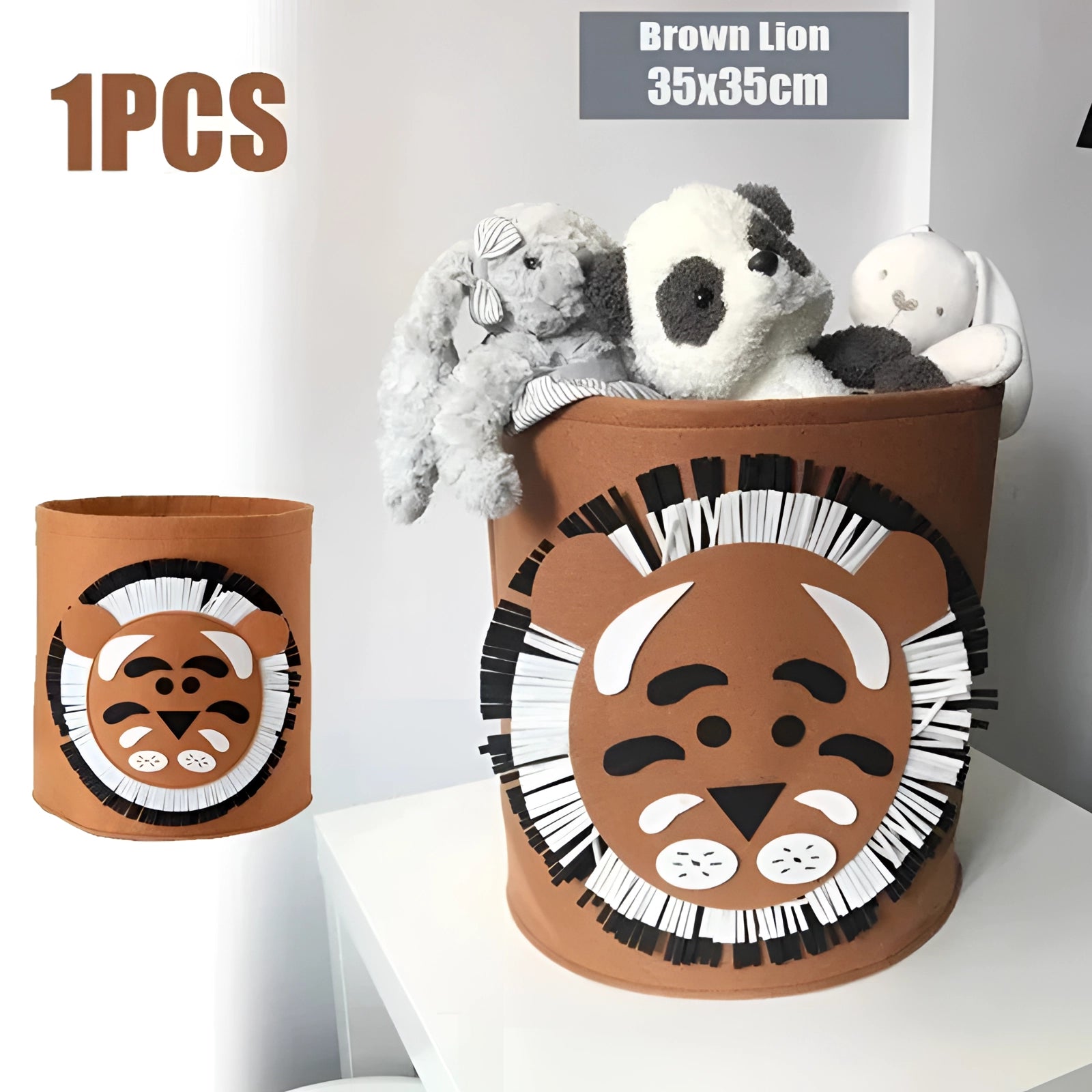 Gray felt basket designed as a tiger, perfect for organizing kids' toys in a nursery.