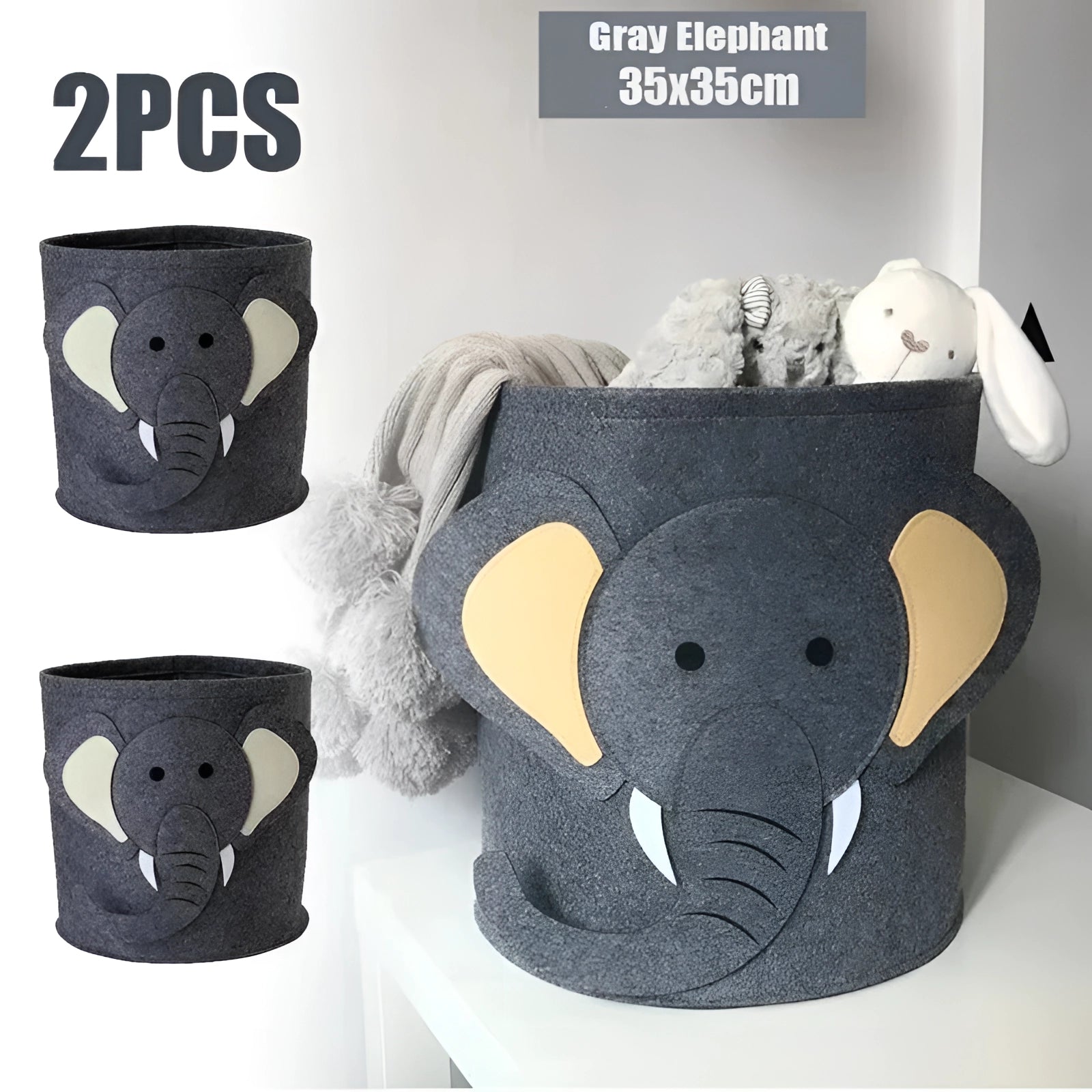 
Gray felt basket in the shape of an elephant, designed as a kids' toy storage organizer, featuring two parts with a plush and snout detail, adding a playful and comfortable touch to a nursery.