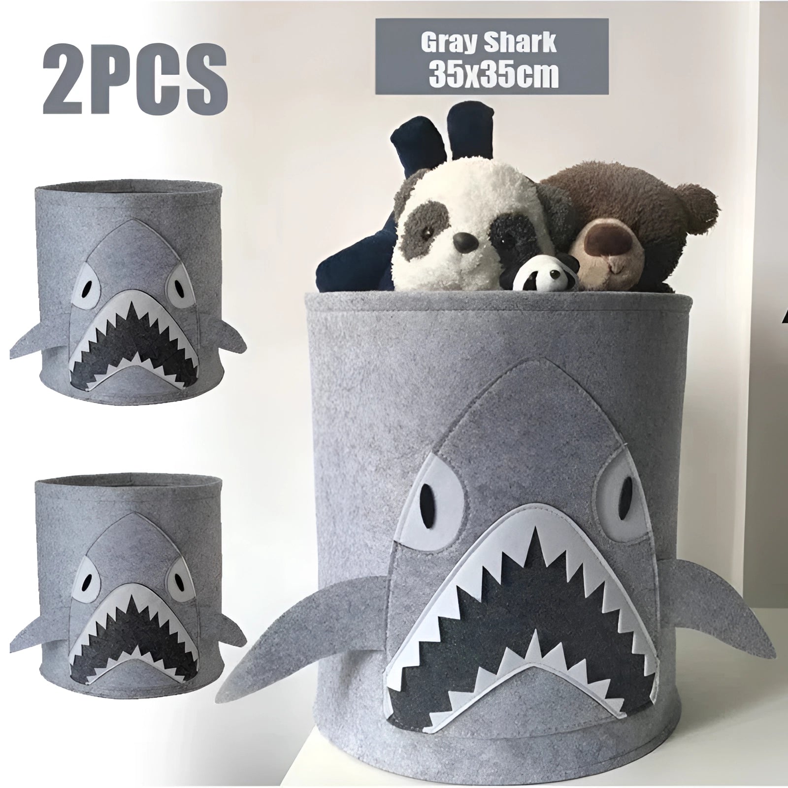 Gray shark felt basket designed as a kids toy storage organizer, featuring a playful shark design with a snout, suitable for nursery decor, shown in a set of two pieces.