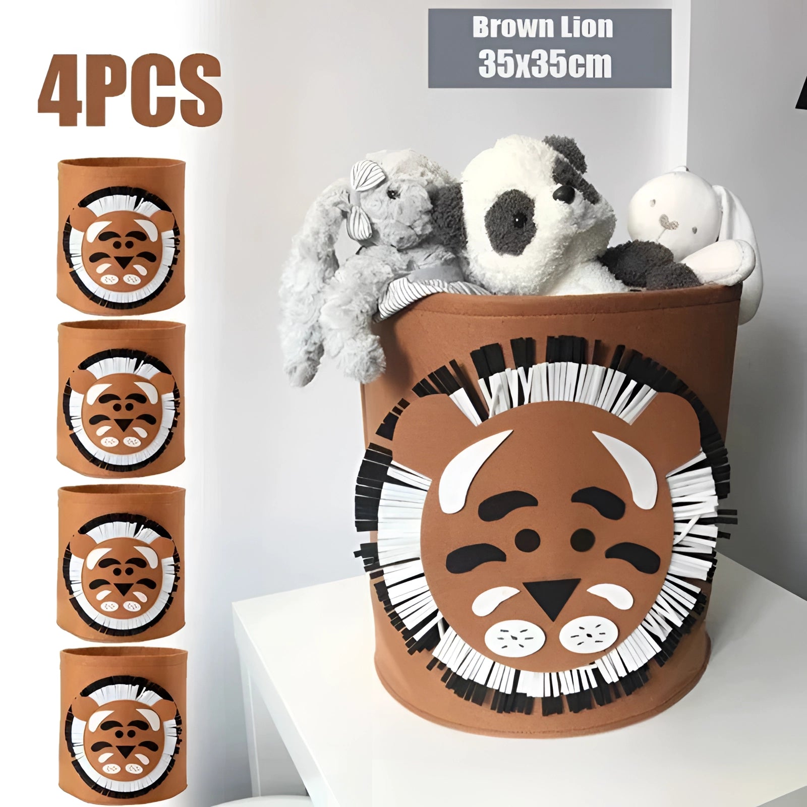 Gray felt basket designed to resemble a tiger, featuring four distinct sections for organizing kids' toys, suitable for nurseries.