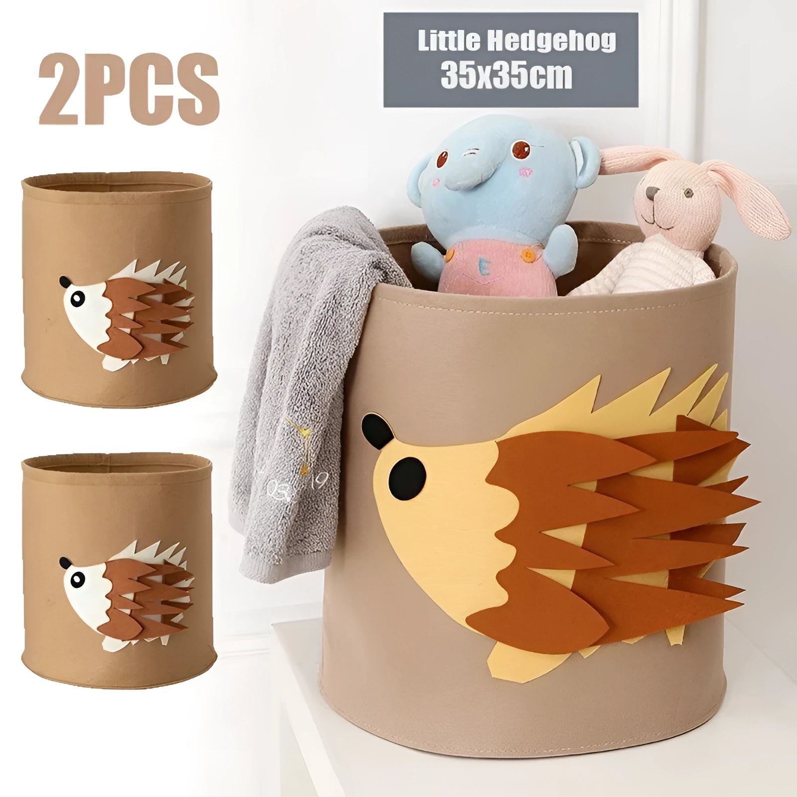 Gray felt basket in the shape of a hedgehog, designed for kids' toy storage, featuring a two-part opening for easy access.