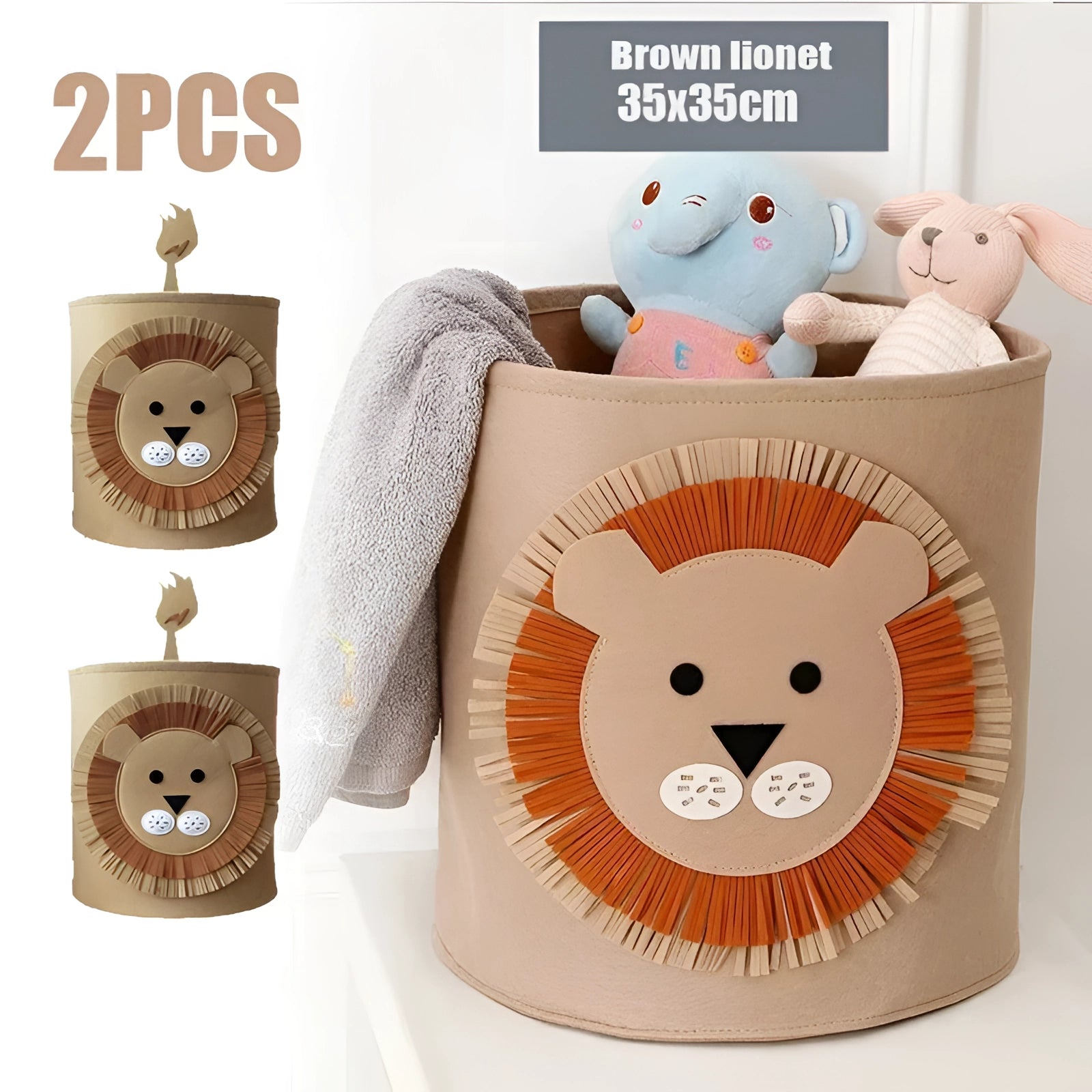 Lion-themed felt basket for kids' toy storage in gray, featuring a two-part design with textile patterns.