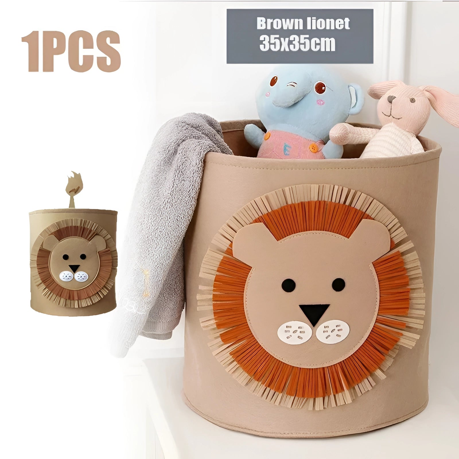 Gray felt basket designed as a lion, used for toy storage and nursery organization, featuring textile materials and decorative patterns.