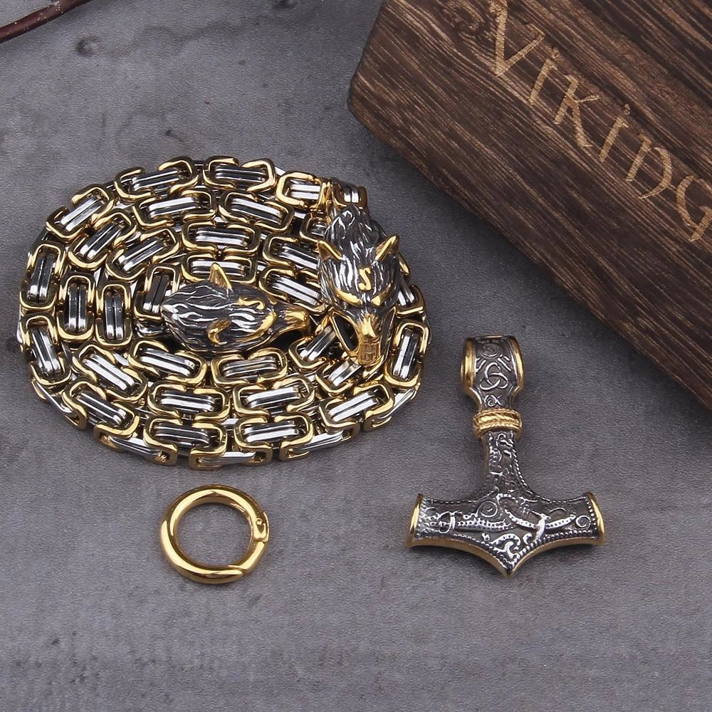 Silver Viking Wolf Head & Mjolnir Pendant featuring intricate Norse designs; crafted for men, showcasing a wolf head combined with a Mjolnir (Thor's hammer) symbol.