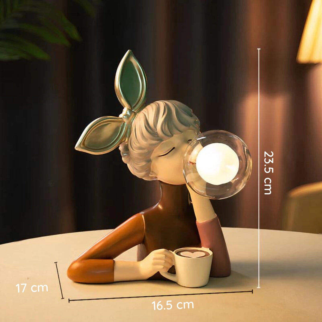 Animated cartoon-style desk lamp featuring a singer figurine named Maisie, designed with artistic and modern decor elements, incorporating wood material and vibrant, illustrative details.