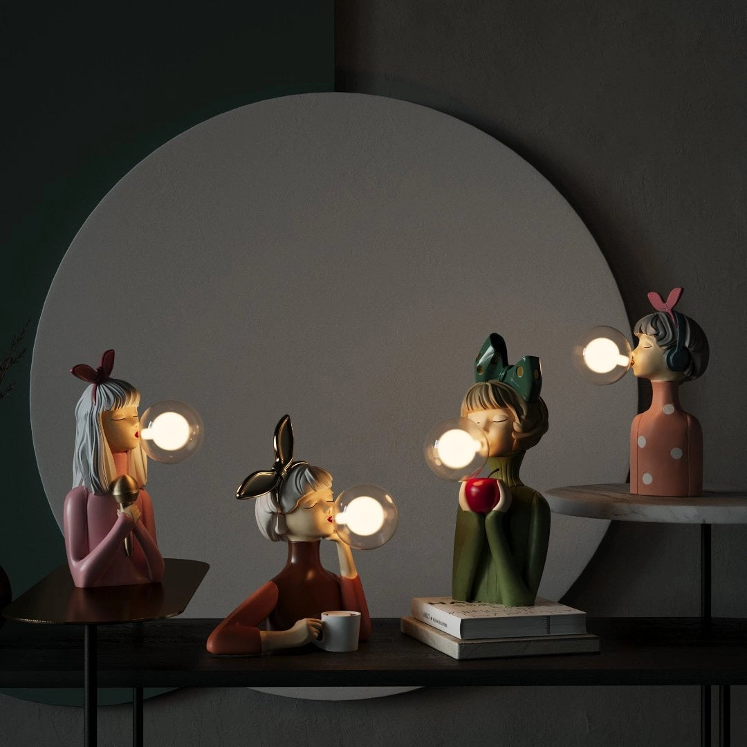 Singer figurine desk lamp with artistic and modern design, featuring a wooden base and a carmine-colored shade, ideal for creative arts decor on tables.