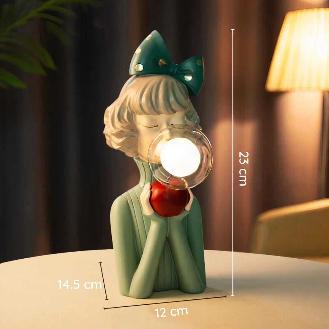 Artistic desk lamp with a figurine of Rosie, featuring a modern cartoon-inspired design, crafted with wood and glass elements, ideal for adding character to home decor.