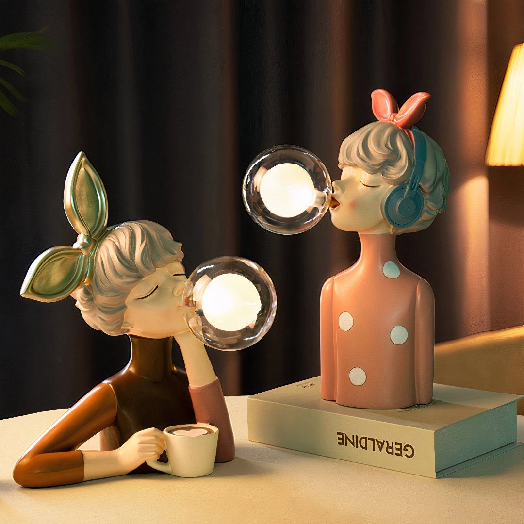 Singer figurine desk lamp featuring a stylized, artistic design resembling a cartoon-like character, crafted from wood and designed as modern decor lighting.